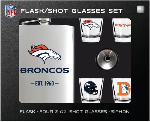 مجموعة قارورة DENCO NFL Denver Broncos، من الفولاذ المقاوم للصدأ باللون الفضي، قارورة سعة 8 أونصة مع أربعة كؤوس صغيرة سعة 2 أونصة، مجموعة هدايا بشعار الفريق مع سيفون in Saudi Arabia