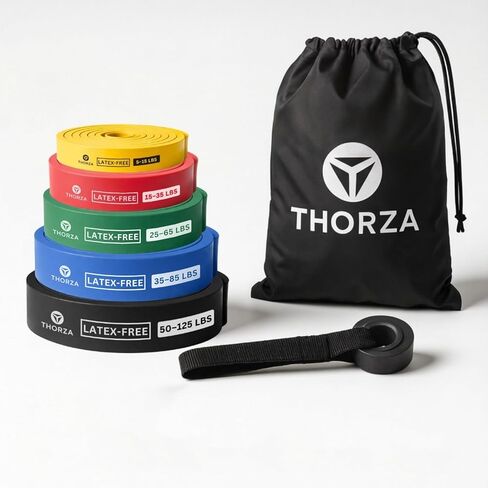مجموعة أحزمة مقاومة THORZA - 5 مستويات قابلة للتكديس تصل إلى 150 رطلاً، وأشرطة تمرين بمقابض، ومرساة باب وحقيبة حمل، وأشرطة تمرين TPE خالية من اللاتكس - صالة ألعاب رياضية منزلية لكامل الجسم (مجموعة مكونة من 7 قطع) in Kuwait