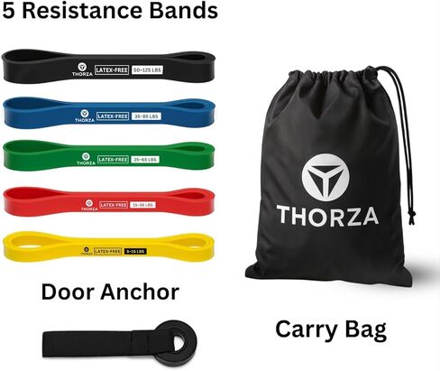 مجموعة أحزمة مقاومة THORZA - 5 مستويات قابلة للتكديس تصل إلى 150 رطلاً، وأشرطة تمرين بمقابض، ومرساة باب وحقيبة حمل، وأشرطة تمرين TPE خالية من اللاتكس - صالة ألعاب رياضية منزلية لكامل الجسم (مجموعة مكونة من 7 قطع) in Kuwait