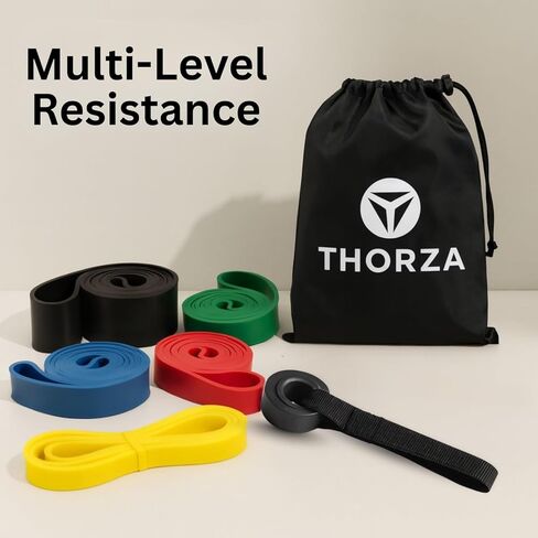 مجموعة أحزمة مقاومة THORZA - 5 مستويات قابلة للتكديس تصل إلى 150 رطلاً، وأشرطة تمرين بمقابض، ومرساة باب وحقيبة حمل، وأشرطة تمرين TPE خالية من اللاتكس - صالة ألعاب رياضية منزلية لكامل الجسم (مجموعة مكونة من 7 قطع) in Kuwait