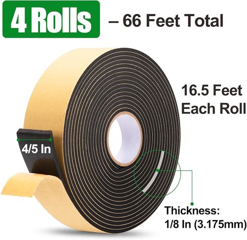 Car Speaker Sealing Tape-Weather Stripping Seal 4 Rolls, 66 Ft L x 4/5 in W x 1/8 in T, High Density Self Adhesive Foam Tape, Wide Weather Strip for Door and Window Gaps, Soundproof Noise Reduction in Kuwait