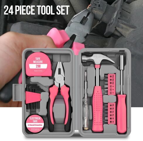 مجموعة أدوات إصلاح المنزل الوردية 24 قطعة للنساء - مجموعة أدوات صغيرة مدمجة مع مطرقة وكماشة ومفكات - أدوات يدوية منزلية محمولة، هدية مثالية لعيد الميلاد ورأس السنة الجديدة للسيدات in Kuwait