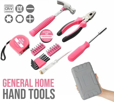 مجموعة أدوات إصلاح المنزل الوردية 24 قطعة للنساء - مجموعة أدوات صغيرة مدمجة مع مطرقة وكماشة ومفكات - أدوات يدوية منزلية محمولة، هدية مثالية لعيد الميلاد ورأس السنة الجديدة للسيدات in Kuwait
