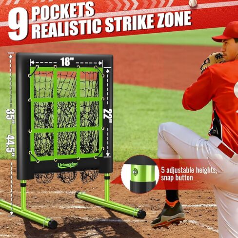 9 Hole Pitching Net with Strike Zone, Baseball Pitching Target, 5 Heights Adjustable 9 Pocket Target Softball Pitching net, Heavy-Duty Solo Baseball Throwing Target with Carry Bag for All Ages in Saudi Arabia