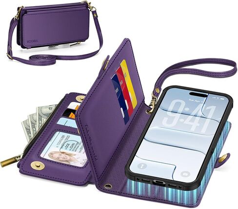 TUCCH Crossbody حافظة محفظة قابلة للفصل لهاتف iPhone 17 Pro Max 6.9 "2025، 10 فتحات للبطاقات RFID | شحن لاسلكي | حزام المعصم | الحبل | حامل | جيب بسحاب | غطاء هاتف من جلد البولي يوريثان | أسود in Kuwait