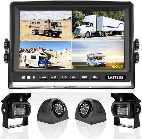 نظام كاميرا RV مقاس 7 بوصات لمقطورة RV نصف شاحنة، 4 شاشات مقسمة رباعية الرؤية HD DVR تسجيل + IP69K رؤية ليلية مقاومة للماء كاميرا احتياطية للرؤية الخلفية والجانبية للقضاء على البقع العمياء in Kuwait