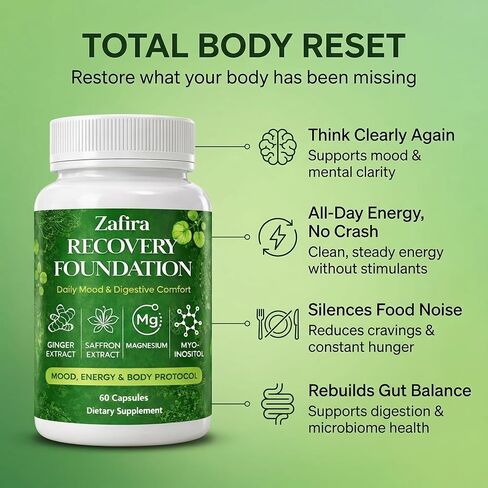 Zafira Recovery Foundation Capsules – Mental Clarity, Hair & Mood Support, Natural Herbal Formula with Saffron Extract, Ginger Extract, L-Theanine, Myo-Inositol, Non-GMO, 60 Capsules in Kuwait
