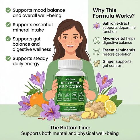 Zafira Recovery Foundation Capsules – Mental Clarity, Hair & Mood Support, Natural Herbal Formula with Saffron Extract, Ginger Extract, L-Theanine, Myo-Inositol, Non-GMO, 60 Capsules in Kuwait