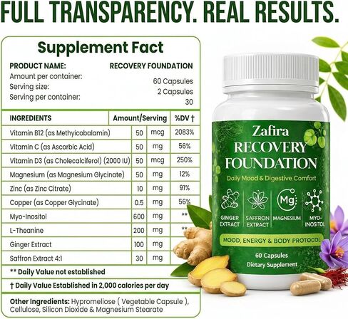 Zafira Recovery Foundation Capsules – Mental Clarity, Hair & Mood Support, Natural Herbal Formula with Saffron Extract, Ginger Extract, L-Theanine, Myo-Inositol, Non-GMO, 60 Capsules in Kuwait