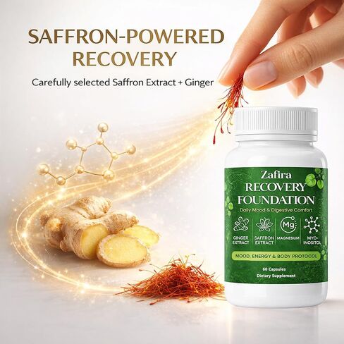 Zafira Recovery Foundation Capsules – Mental Clarity, Hair & Mood Support, Natural Herbal Formula with Saffron Extract, Ginger Extract, L-Theanine, Myo-Inositol, Non-GMO, 60 Capsules in Kuwait