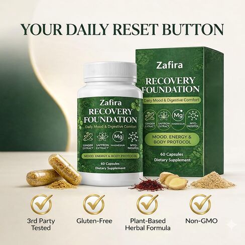 Zafira Recovery Foundation Capsules – Mental Clarity, Hair & Mood Support, Natural Herbal Formula with Saffron Extract, Ginger Extract, L-Theanine, Myo-Inositol, Non-GMO, 60 Capsules in Kuwait