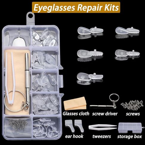 Eyeglass Repair Kit, 25 Pairs Screw-in Nose Pads, Air Chamber Anti-Slip Comfort Nose Pad Replacement Kit, 3-in-1 Screwdriver, Tweezers Ear Hook, Cloth, Screws in Saudi Arabia