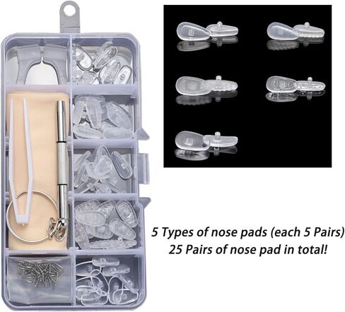Eyeglass Repair Kit, 25 Pairs Screw-in Nose Pads, Air Chamber Anti-Slip Comfort Nose Pad Replacement Kit, 3-in-1 Screwdriver, Tweezers Ear Hook, Cloth, Screws in Saudi Arabia