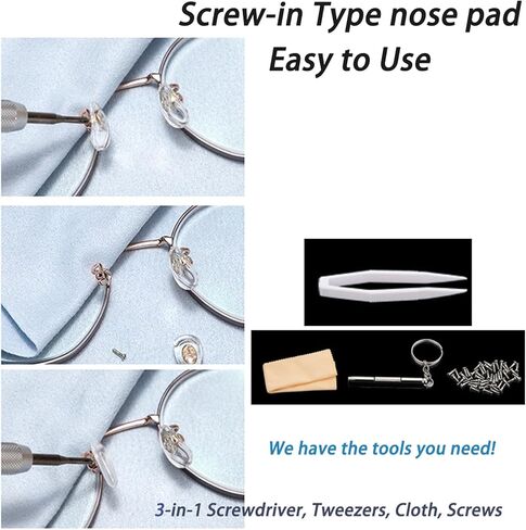 Eyeglass Repair Kit, 25 Pairs Screw-in Nose Pads, Air Chamber Anti-Slip Comfort Nose Pad Replacement Kit, 3-in-1 Screwdriver, Tweezers Ear Hook, Cloth, Screws in Saudi Arabia