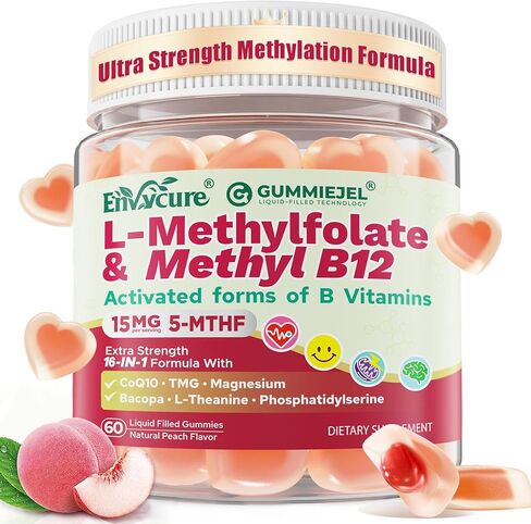 L-Methylfolate 15mg & 2,000 mcg Methyl B12 Gummies, Extra Strength Methylation Support for Women and Men, Active 5-MTHF with CoQ10, Magnesium, TMG, L-Theanine, B1 B2 B6 B9 for Cognitive, Energy,60Cts in Kuwait