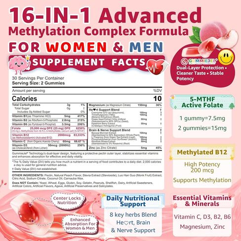 L-Methylfolate 15mg & 2,000 mcg Methyl B12 Gummies, Extra Strength Methylation Support for Women and Men, Active 5-MTHF with CoQ10, Magnesium, TMG, L-Theanine, B1 B2 B6 B9 for Cognitive, Energy,60Cts in Kuwait