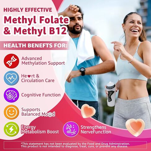 L-Methylfolate 15mg & 2,000 mcg Methyl B12 Gummies, Extra Strength Methylation Support for Women and Men, Active 5-MTHF with CoQ10, Magnesium, TMG, L-Theanine, B1 B2 B6 B9 for Cognitive, Energy,60Cts in Kuwait