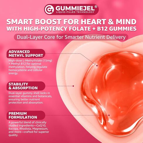 L-Methylfolate 15mg & 2,000 mcg Methyl B12 Gummies, Extra Strength Methylation Support for Women and Men, Active 5-MTHF with CoQ10, Magnesium, TMG, L-Theanine, B1 B2 B6 B9 for Cognitive, Energy,60Cts in Kuwait