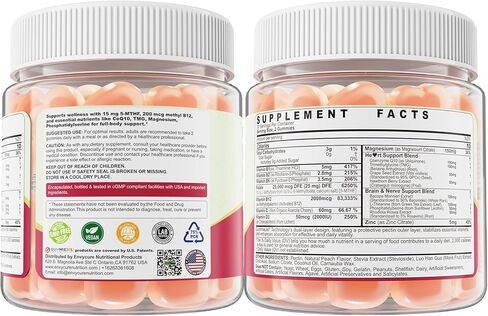 L-Methylfolate 15mg & 2,000 mcg Methyl B12 Gummies, Extra Strength Methylation Support for Women and Men, Active 5-MTHF with CoQ10, Magnesium, TMG, L-Theanine, B1 B2 B6 B9 for Cognitive, Energy,60Cts in Kuwait