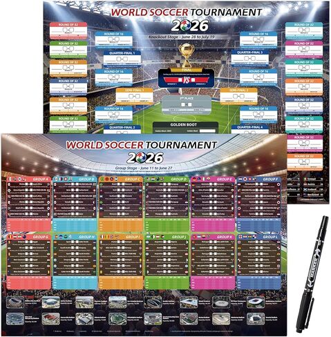 AhfuLife World Cup Schedule Poster 2026, A2 Size-23.3" x 16.5", 2 Pcs World Cup Merchandise 2026 Calendar Wall Chart Decorations, Soccer Tournament Wallchart for Fans Home Office Bar Party Decor in Saudi Arabia