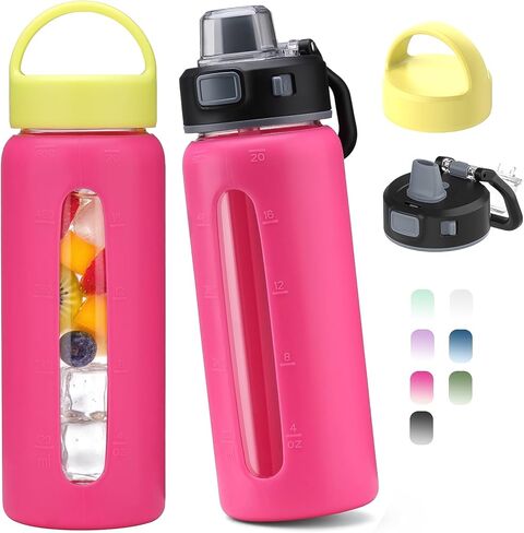 Kodrine 20oz Glass Water Bottle with Straw-2 Lids for Easy Carry with Handle, Silicone Sleeve & Time Marker, Reusable Glass Drinking Bottle for Home,Office,Outdoors, Cupholder Friendly-Olive in Saudi Arabia
