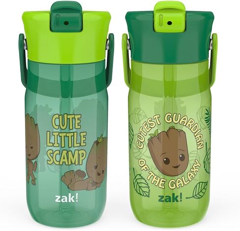 Zak Designs Harmony Marvel Groot Water Bottle for Travel or At Home, 18oz Recycled Plastic is Leak-Proof When Closed with Straw Lid and Carry Handle, 2-Pack (Groot) in Saudi Arabia