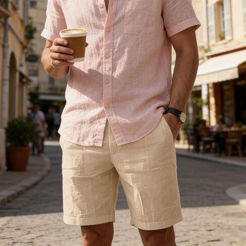 Men's Cotton Linen Shorts Casual Classic Fit Summer Beach Shorts Lightweight Breathable Walking with Belt Loops in Saudi Arabia
