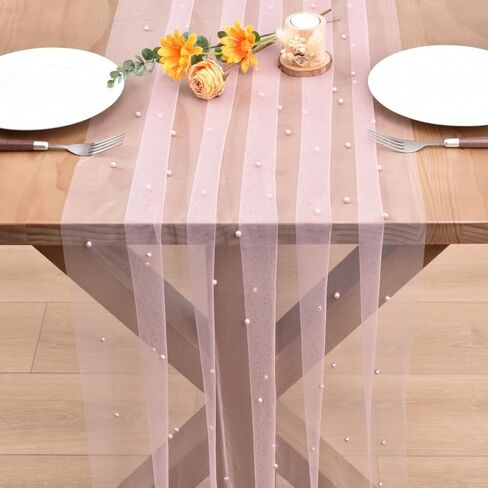 Blushing Pink Pearl Valentine's Day Table Runner Boho Rustic Tulle Lace Table Runner for Baby Shower Wedding Arch Decor Veil Dessert Table Decor in Kuwait