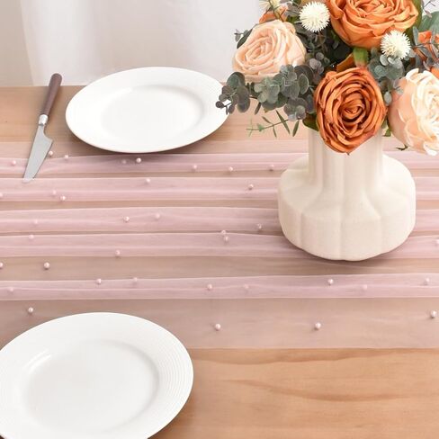 Blushing Pink Pearl Valentine's Day Table Runner Boho Rustic Tulle Lace Table Runner for Baby Shower Wedding Arch Decor Veil Dessert Table Decor in Kuwait