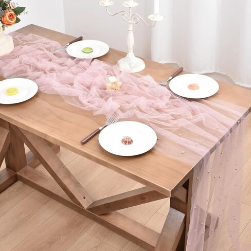 Blushing Pink Pearl Valentine's Day Table Runner Boho Rustic Tulle Lace Table Runner for Baby Shower Wedding Arch Decor Veil Dessert Table Decor in Kuwait