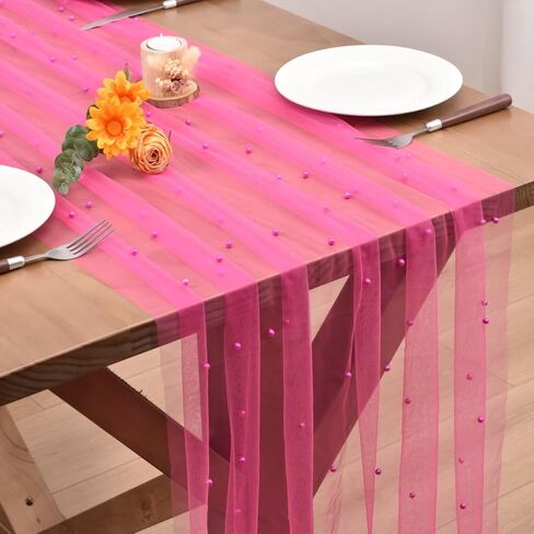 Blushing Pink Pearl Valentine's Day Table Runner Boho Rustic Tulle Lace Table Runner for Baby Shower Wedding Arch Decor Veil Dessert Table Decor in Kuwait