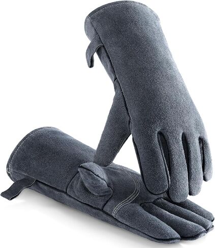 قفازات شواء 932 درجة فهرنهايت، قفازات لحام جلدية مقاومة للحرارة مقاس 40.64 سم مع أكمام طويلة مقاومة للهب وبطانة معزولة للرجال والنساء باللون الأسود والرمادي in Kuwait