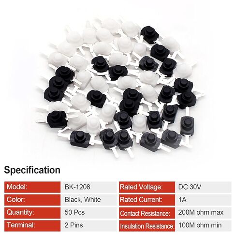 50Pcs Self-Lock Micro Push Button Switch Latching Mini ON/Off Switch DC 30V 1A, for DIY Lighting Projects Like Lamp Light Wall Outlet SMD Flashlight Type 1208 (Black & White) in Saudi Arabia