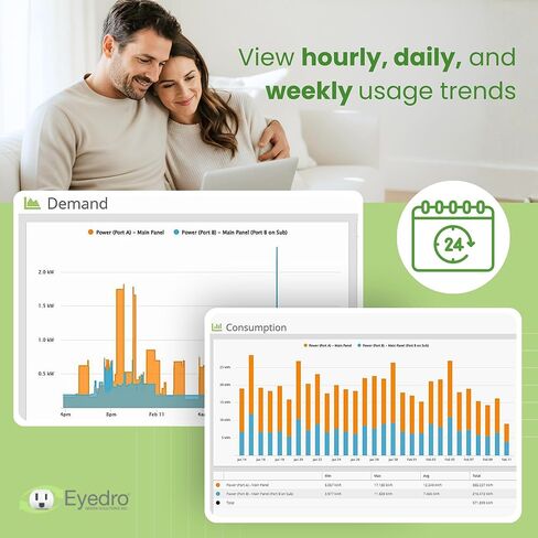 Eyedro Home Energy Monitor – Real-Time Electricity Usage Monitor with Solar Net Metering – Whole House Power Consumption Monitor – WiFi/Ethernet Smart Energy Meter with Reports & History, 2 Sensors in Kuwait