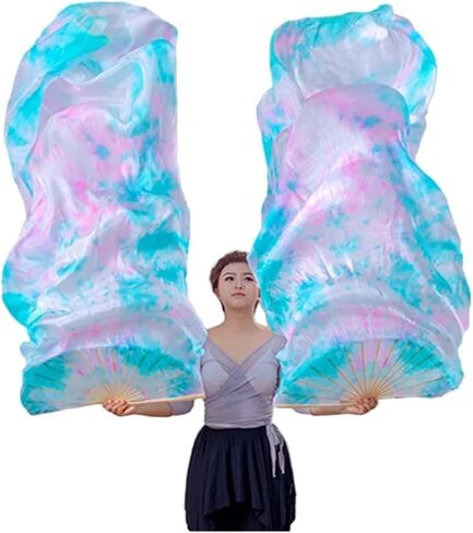 Silk Fans,Women Silk Veil Floral Belly Dance Costume Accessory 1.8M Hand Fan Pair Dancer Performance Show Props(15,120cm) in Saudi Arabia