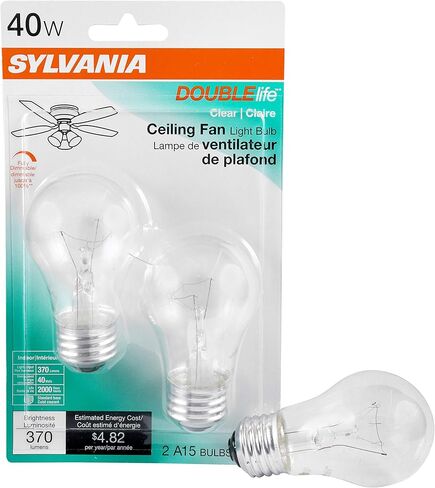 SYLVANIA Double Life Incandescent Ceiling Fan Lamp Light Bulb, A15, 40W, Medium Base, 370 Lumens, Dimmable, Clear, Soft White - 2 Pack (10034) in Saudi Arabia