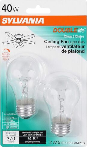 SYLVANIA Double Life Incandescent Ceiling Fan Lamp Light Bulb, A15, 40W, Medium Base, 370 Lumens, Dimmable, Clear, Soft White - 2 Pack (10034) in Saudi Arabia