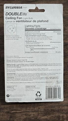 SYLVANIA Double Life Incandescent Ceiling Fan Lamp Light Bulb, A15, 40W, Medium Base, 370 Lumens, Dimmable, Clear, Soft White - 2 Pack (10034) in Saudi Arabia