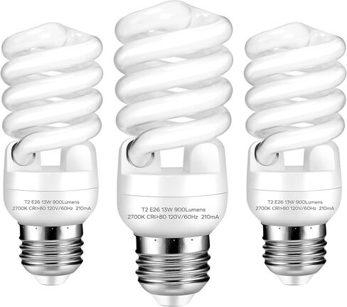 E26 Base 13W 2700K 900lm CFL Light Bulbs, T2 Spiral (60Watt Equivalent) Soft White Compact Fluorescent Light Bulbs, UL Approved, 120v 60Hz, Self Ballasted, Indoor Use (3 Pack) in Saudi Arabia