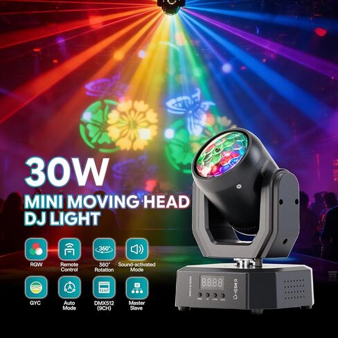 Mini Stage Lights Moving Head Light, 30W LED Beam Light with Magic Ball Beam & Pattern Effect, DMX512/Remote/Sound-Activated DJ Moving Lights for Party Birthday Festival Home, 1 Pack in Saudi Arabia