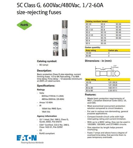 Bussmann Brand SC-60, 60Amp Time-Delay Fuse, SC Class G Melamine Tube,480Vac/300Vdc in Saudi Arabia