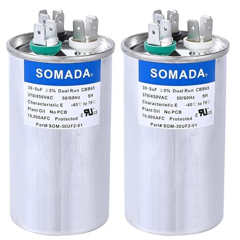SOMADA 2 حزمة 30 5 فائق التوهج 30/5MFD 370 فولت/450 فولت مكثف تيار متردد دائري مزدوج التشغيل - مكثفات مكيف الهواء CBB65 لبدء تشغيل محرك مروحة وحدة التيار المتردد، أو المضخة الحرارية، أو المكثف المستقيم in Kuwait