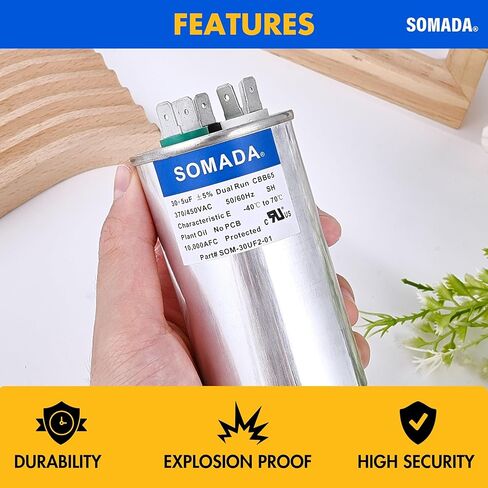 SOMADA 2 حزمة 30 5 فائق التوهج 30/5MFD 370 فولت/450 فولت مكثف تيار متردد دائري مزدوج التشغيل - مكثفات مكيف الهواء CBB65 لبدء تشغيل محرك مروحة وحدة التيار المتردد، أو المضخة الحرارية، أو المكثف المستقيم in Kuwait