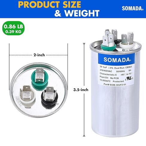 SOMADA 2 حزمة 30 5 فائق التوهج 30/5MFD 370 فولت/450 فولت مكثف تيار متردد دائري مزدوج التشغيل - مكثفات مكيف الهواء CBB65 لبدء تشغيل محرك مروحة وحدة التيار المتردد، أو المضخة الحرارية، أو المكثف المستقيم in Kuwait