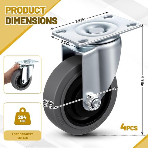 BBTO 4 Inch Swivel Caster Wheels Set of 4 Heavy Duty Replacement Wheels with Top Plate -TPR Rubber Swivel Stem Casters for Utility Cart, Furniture, Grill, Trolley and Equipment, Load Capacity in Saudi Arabia