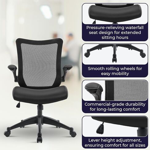 OfficeFactor Drafting Chair Tall Office Chair, 300 lb Capacity Standing Desk Chair, Adjustable & Ergonomic Desk Chair, Flip-Up Armrests, Mesh Back, Comfortable Leather (Black) in Kuwait