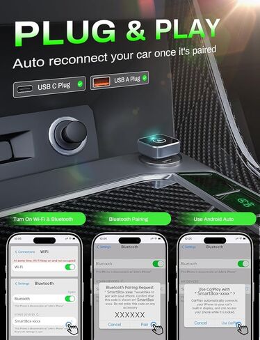 محول CarPlay لاسلكي 2 في 1 يدعم Apple CarPlay وAndroid Auto، بلوتوث صغير USB A وUSB C Dongle تحويل سلكي إلى لاسلكي متوافق مع iPhone وAndroid in Kuwait