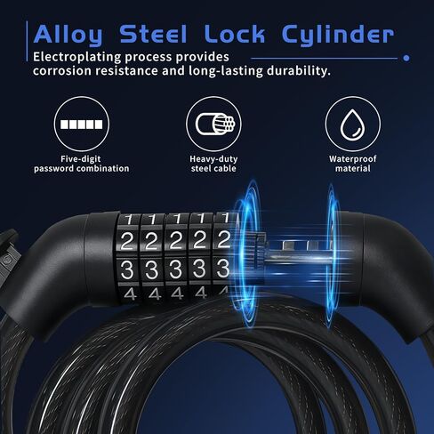 مجموعة أقفال كابل فولاذية قابلة لإعادة الضبط مكونة من 5 أرقام مقاس 43.3 بوصة شديدة التحمل - قفل دراجة ملفوف للدراجات النارية، دراجة سكوتر، باب سياج المعدات الخارجية، مجموعة عالية الأمان قفل كابل مضاد للسرقة in Kuwait