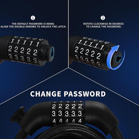 مجموعة أقفال كابل فولاذية قابلة لإعادة الضبط مكونة من 5 أرقام مقاس 43.3 بوصة شديدة التحمل - قفل دراجة ملفوف للدراجات النارية، دراجة سكوتر، باب سياج المعدات الخارجية، مجموعة عالية الأمان قفل كابل مضاد للسرقة in Kuwait