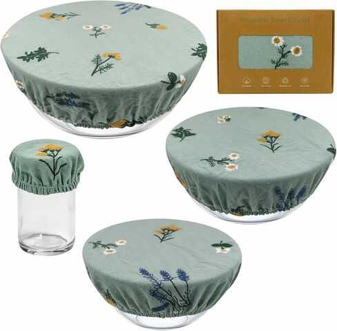 أغطية أوعية قابلة لإعادة الاستخدام (مجموعة من 4) - إكسسوارات من العجين المخمر من القطن والكتان قابلة للتنفس - أغطية طعام من القماش المرن المتين لسلال التدقيق ومستلزمات خبز الخبز (أخضر حكيم) in Kuwait